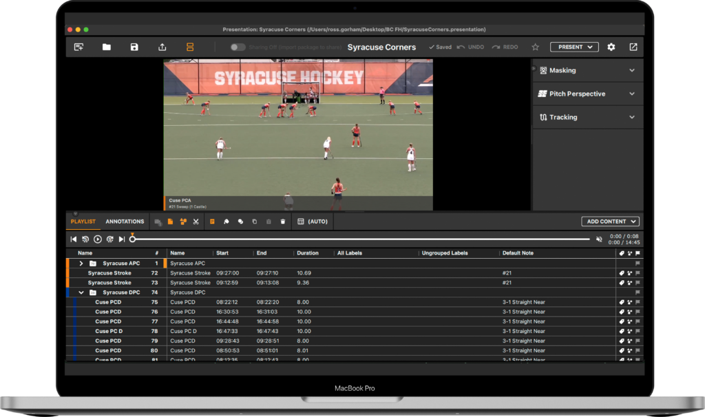 Fókusz videóelemzés az NCAA mezőnyhoki számára: A távbeszélő eszközök prezentációs módban