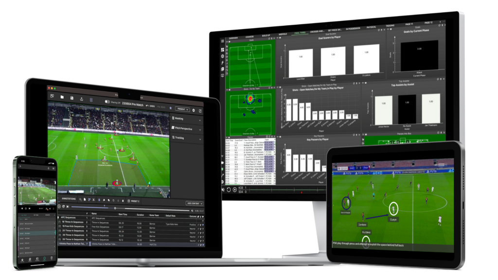 شاشة عرض متعددة الأجهزة تعرض ميزات MatchTracker المتنوعة لتحليل الأداء. تعرض الصورة البرنامج على هاتف ذكي وجهاز لوحي وشاشة كمبيوتر. تعرض الأجهزة لقطات لمباراة كرة قدم، وتراكب بيانات لمواقع اللاعبين وتحركاتهم، ولوحات تحليلية متنوعة بما في ذلك المخططات والرسوم البيانية التي توضح بالتفصيل إحصائيات اللاعبين وأحداث المباراة.